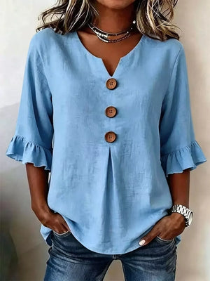 Casual Ruffle-sleeve Decor-button Top Plus Size in Burgundy