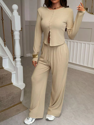 Apricot button-front long sleeve top and wide-leg drawstring pants set