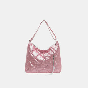 Pink diamond quilt padded shoulder bag with zipper detail
