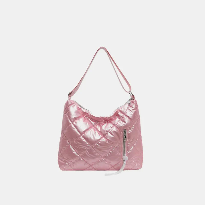 Pink diamond quilt padded shoulder bag with zipper detail