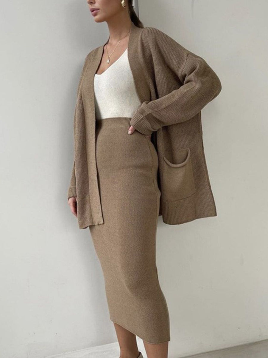 Camel ribbed knit cardigan and midi skirt set with pockets, acrylic material.