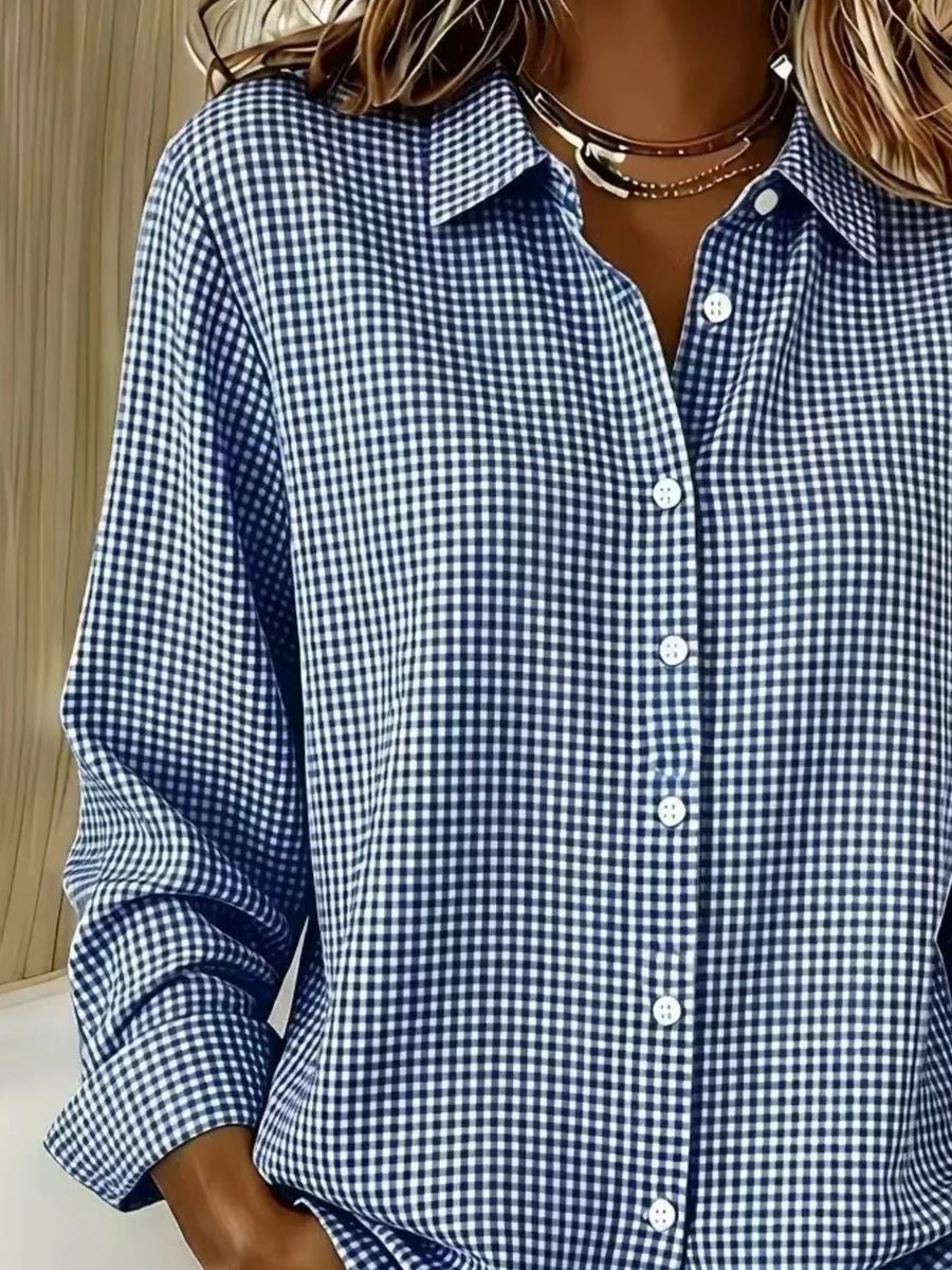 Plus Size Plaid Button Up Long Sleeve Shirt in Blue
