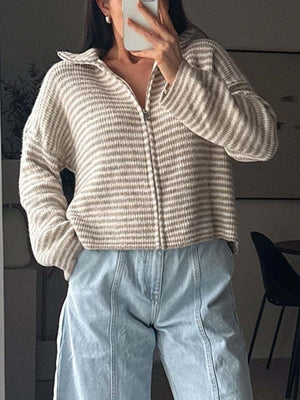 taupe cardigan featuring zipper and striped