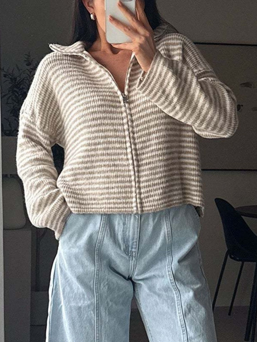 taupe cardigan featuring zipper and striped