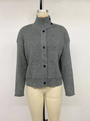 Turtleneck Button-down Cardigan in Dark Gray with buttoned