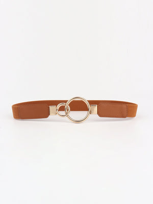 Tan elastic belt with interlocked gold rings and faux leather ends