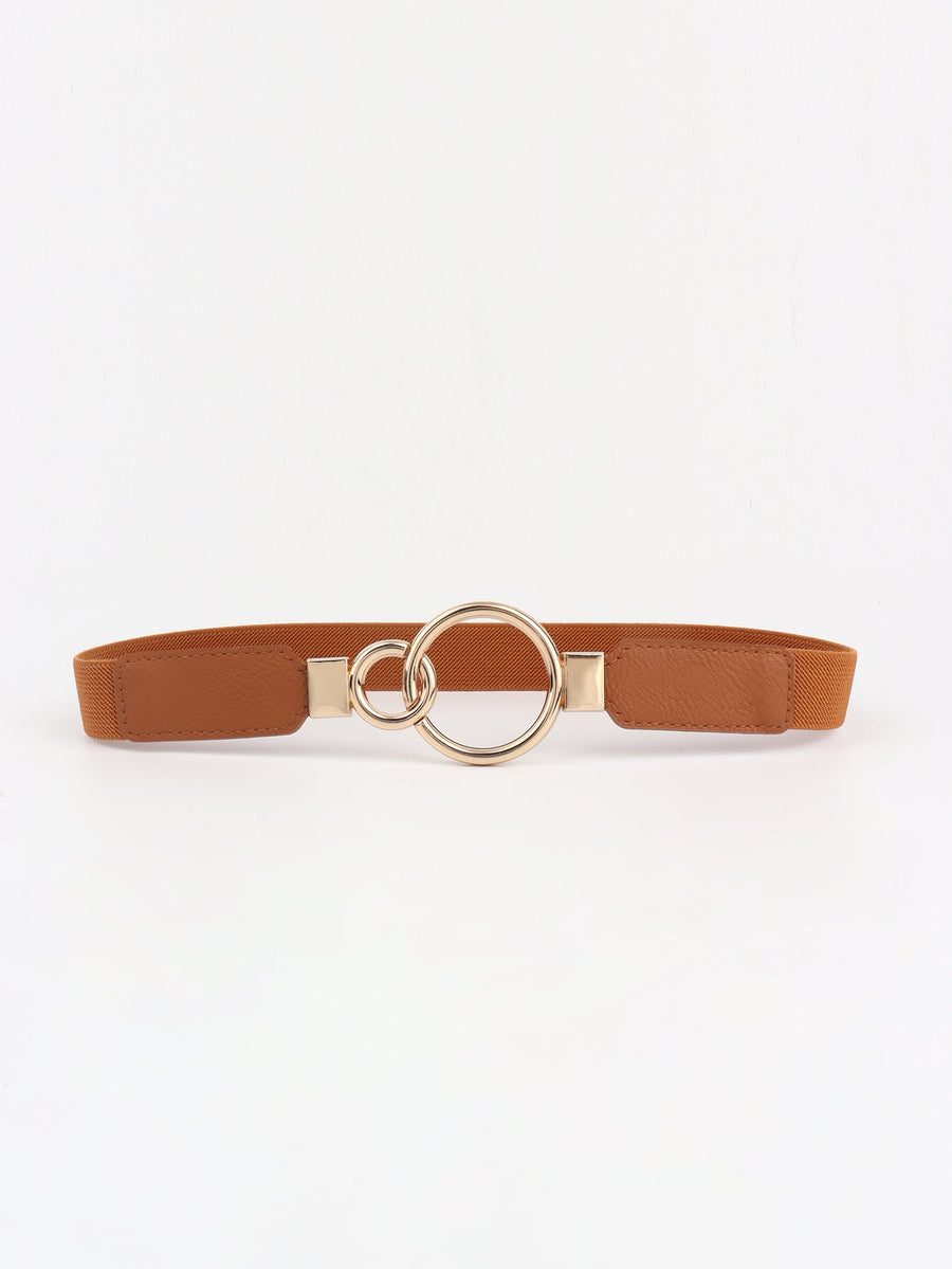 Tan elastic belt with interlocked gold rings and faux leather ends
