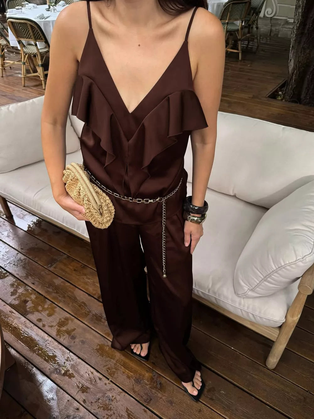 two-piece set in chocolate brown featuring ruffled and relaxed fit