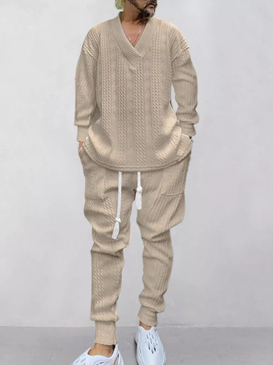 beige lounge set with cable knit and v-neck