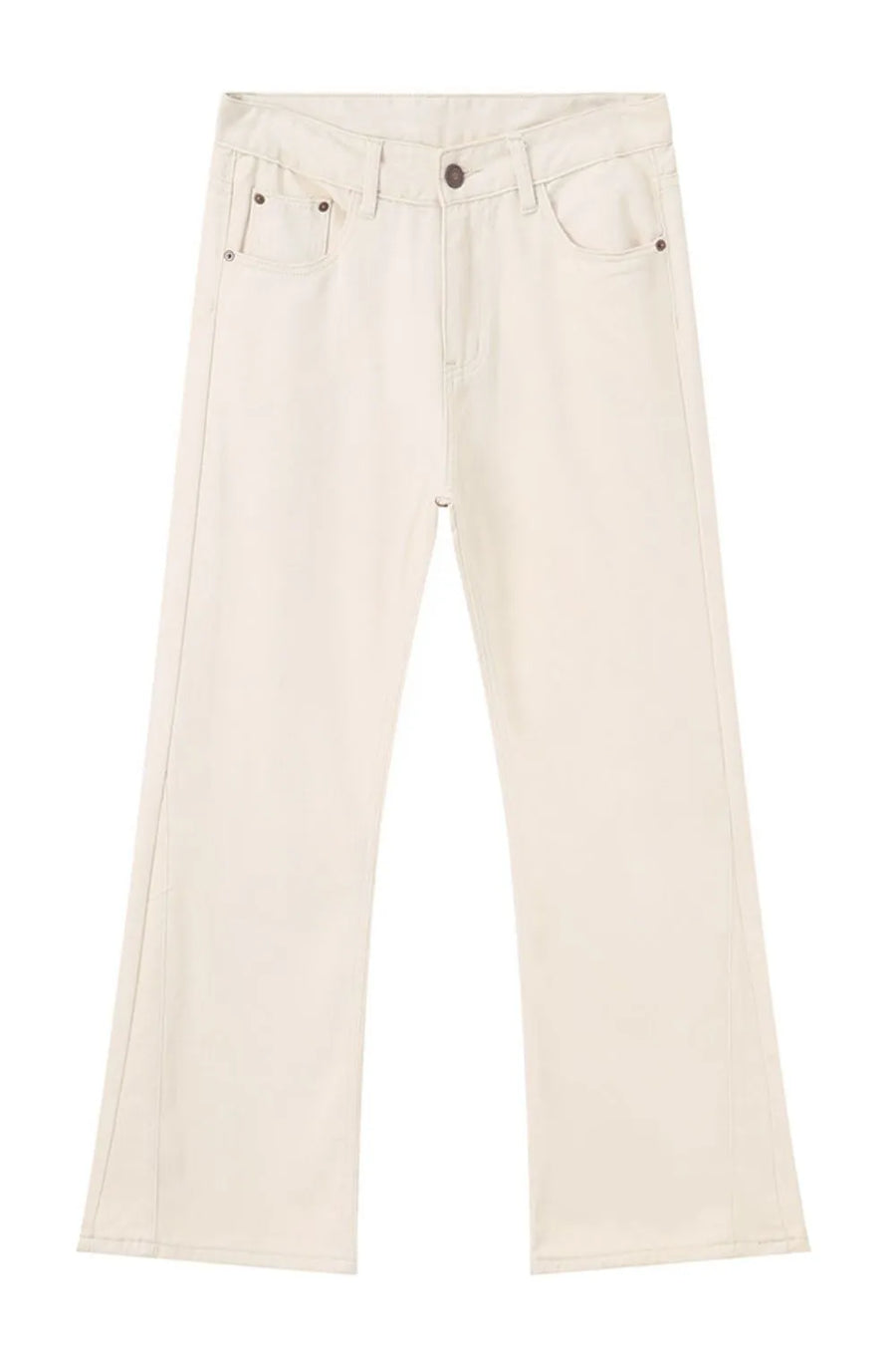 Wide-leg beige denim trousers with a classic five-pocket design.
