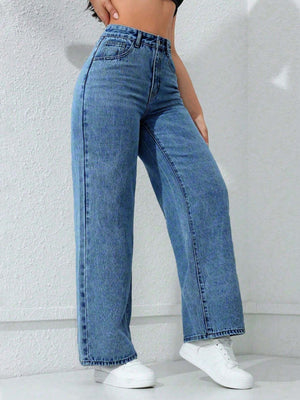 85% cotton, 15% polyester Care instructions: Machine wash cold wide-leg jeans in medium blue with flared silhouette