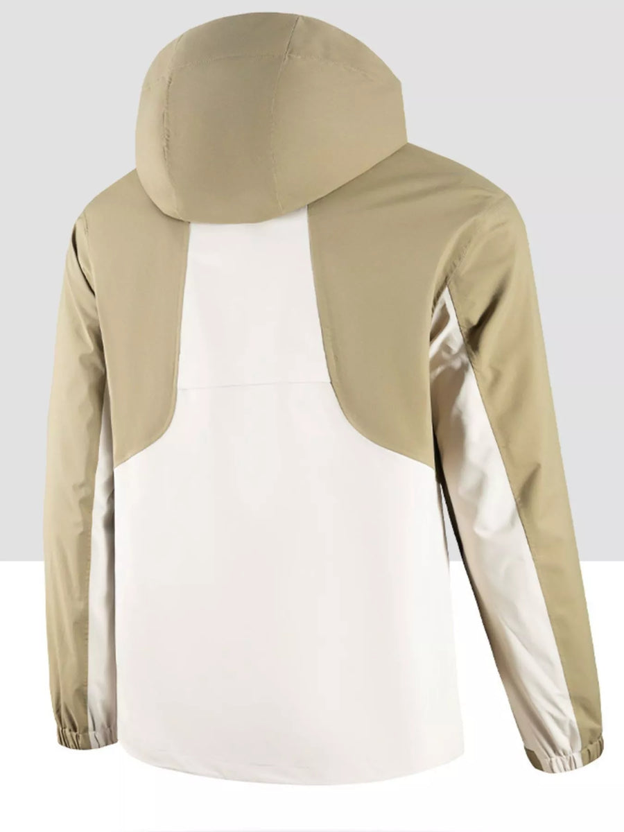 Khaki and white hooded outdoor jacket with colorblock detail.