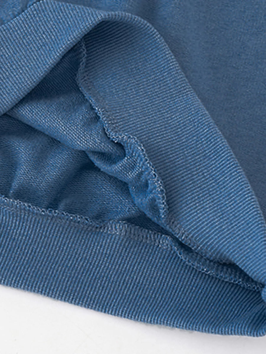 Children's French Blue 100% cotton crew neck sweatshirt detail.
