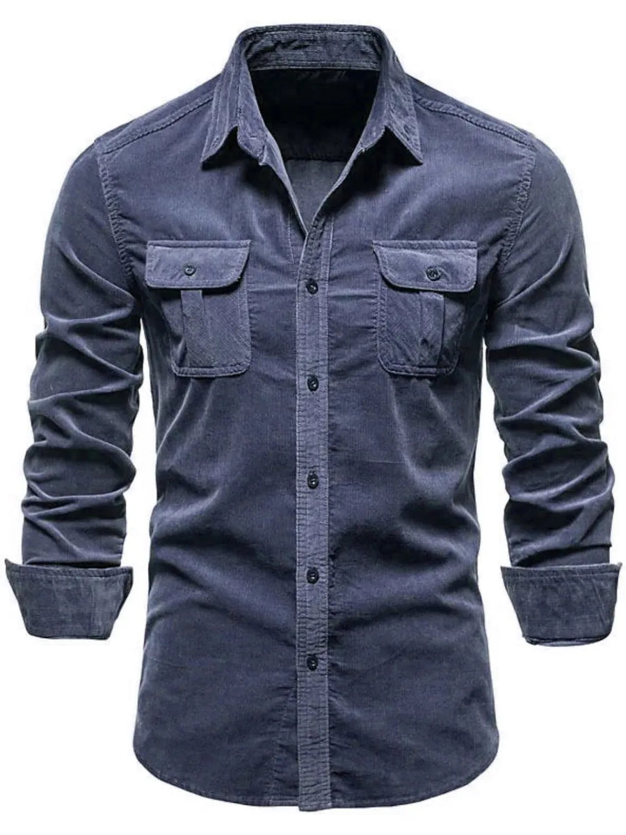 Dark Gray corduroy utility shirt with two chest pockets and button-down front.