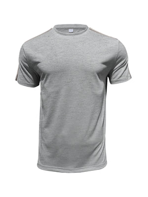 Men's light gray crew neck t-shirt with sporty shoulder stripes, cotton blend
