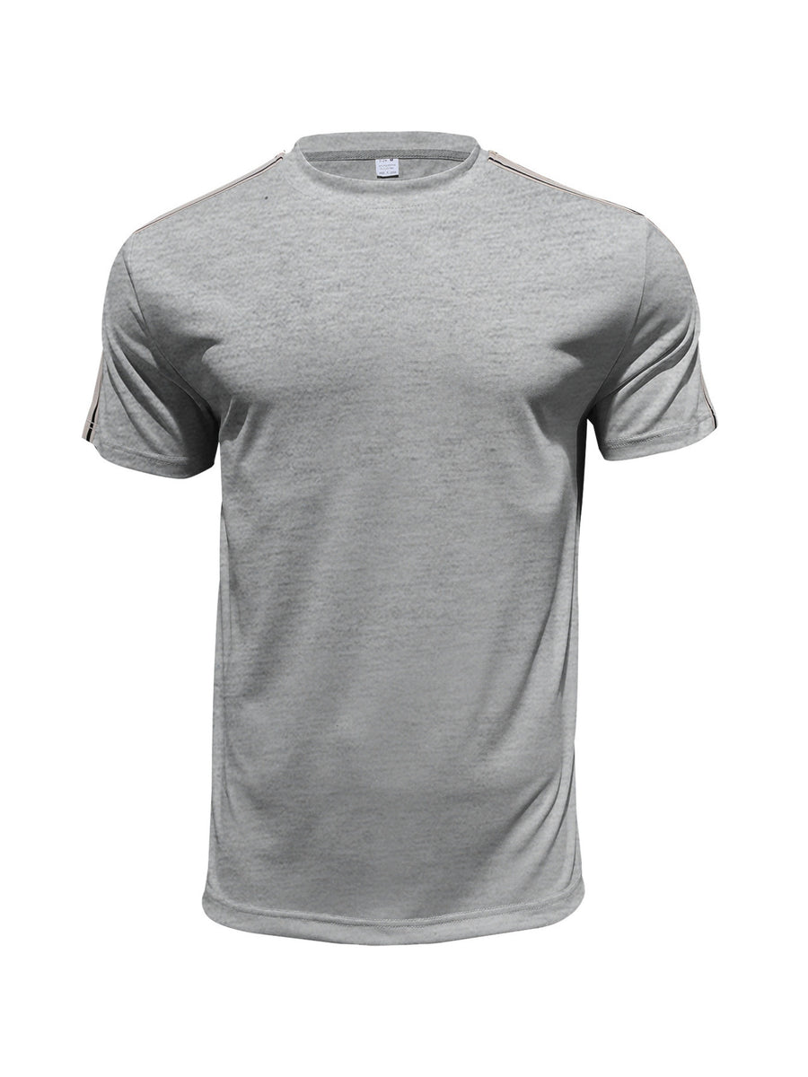 Men's light gray crew neck t-shirt with sporty shoulder stripes, cotton blend