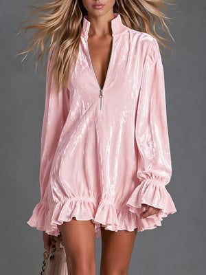 ivory mini dress with zipper and long sleeve