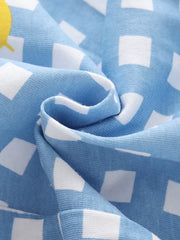 Baby blue cotton tee with white gingham pattern, part of a fruit market outfit set.