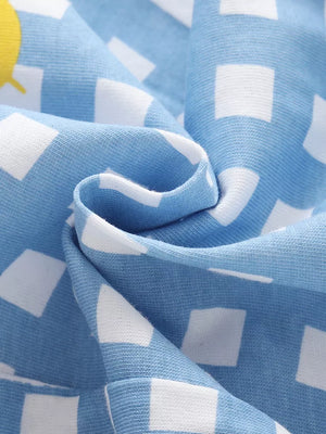 Baby blue cotton tee with white gingham pattern, part of a fruit market outfit set.