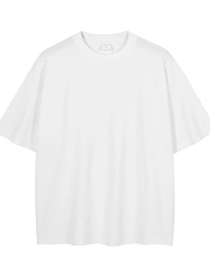 Oversized white washed cotton tee with crew neck and short sleeves.