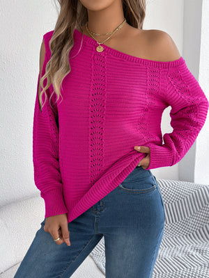 Burgundy pullover sweater featuring openwork and ribbed