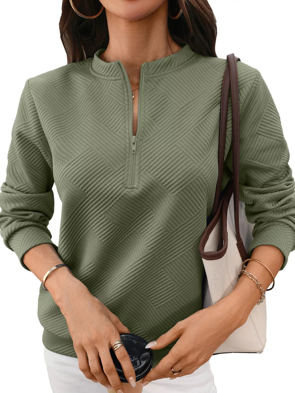 Apricot sweatshirt with hip-length and quarter-zip