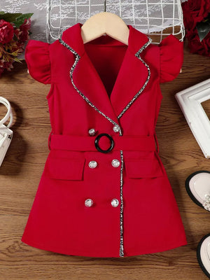 Red double-breasted toddler dress with belted waist and jeweled collar trim.