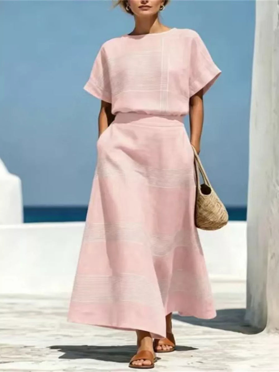 Full Size Striped Round Neck Top And Skirt Set in Pink