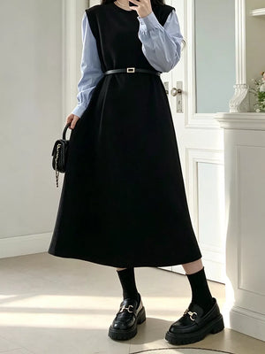 Contrast Sleeve A-line Dress With Belt option 4