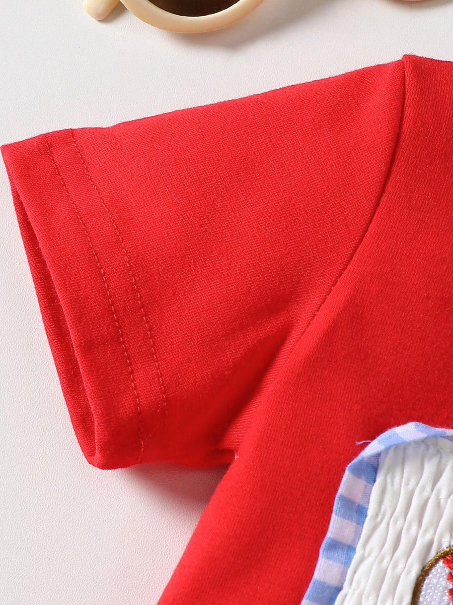 Red cotton baseball graphic tee with blue gingham trim detail