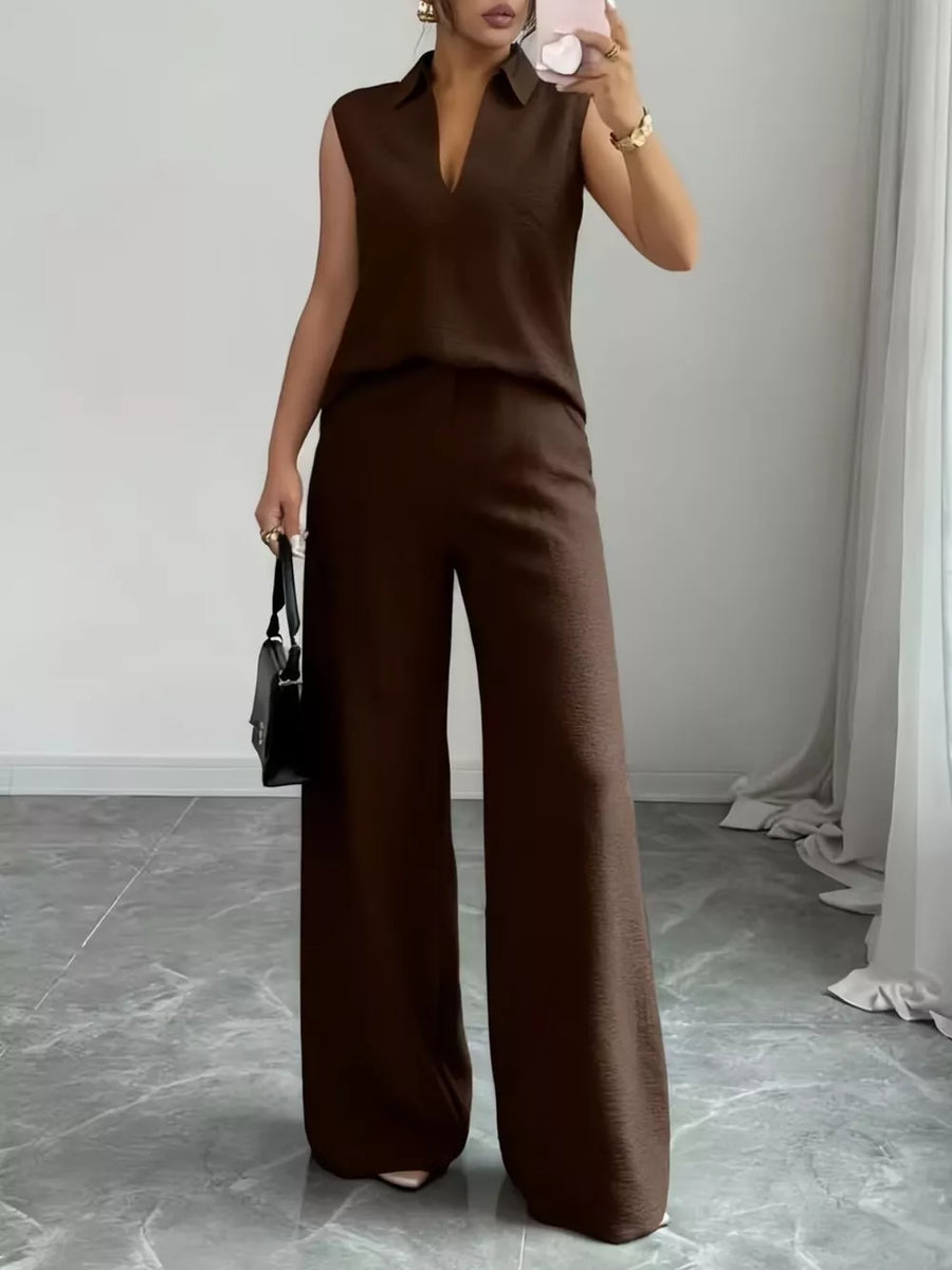 Chocolate sleeveless collared top and wide-leg pants set with V-neck.