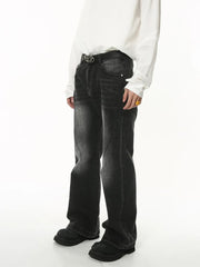 Dark wash flared jeans with sculpted seam detail and faded effect