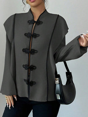 vintage-inspired blouse in Dark Gray with mandarin collar