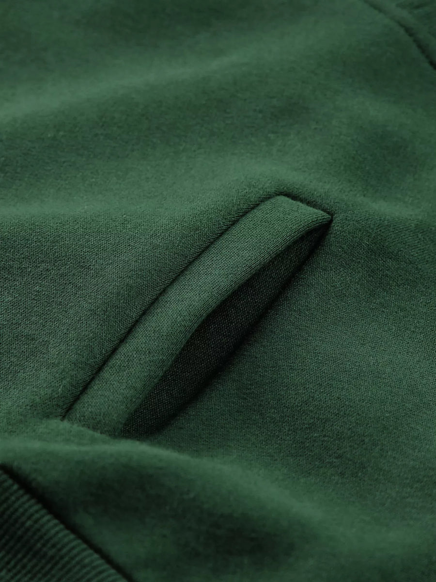 Dark green half zip sweatshirt with a kangaroo pocket detail.