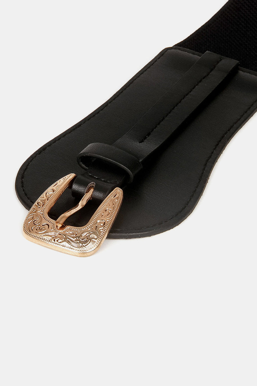 Black belt with sculpted waistband and ornate gold Western buckle detail.
