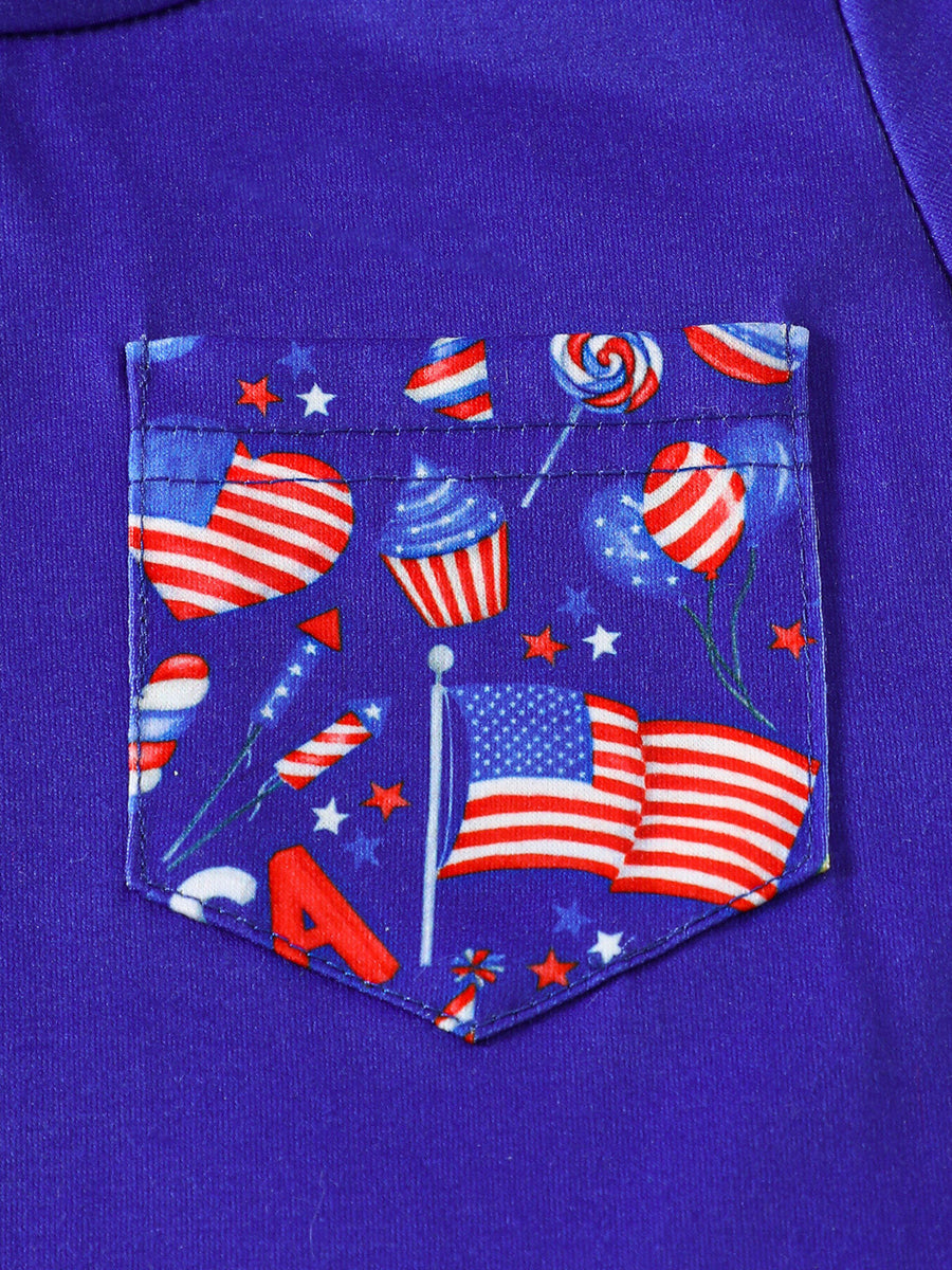 Patriotic baby tee with American flag, cupcake, and firework print pocket detail.