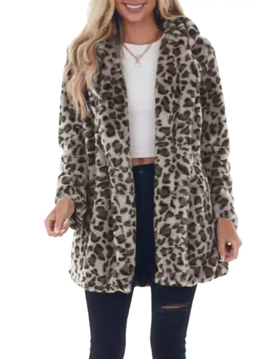 light gray faux fur coat with leopard and shawl lapel