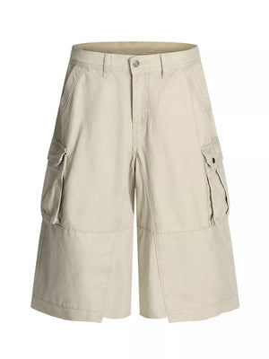 Men's utility cargo shorts in apricot with multiple pockets and a relaxed fit.