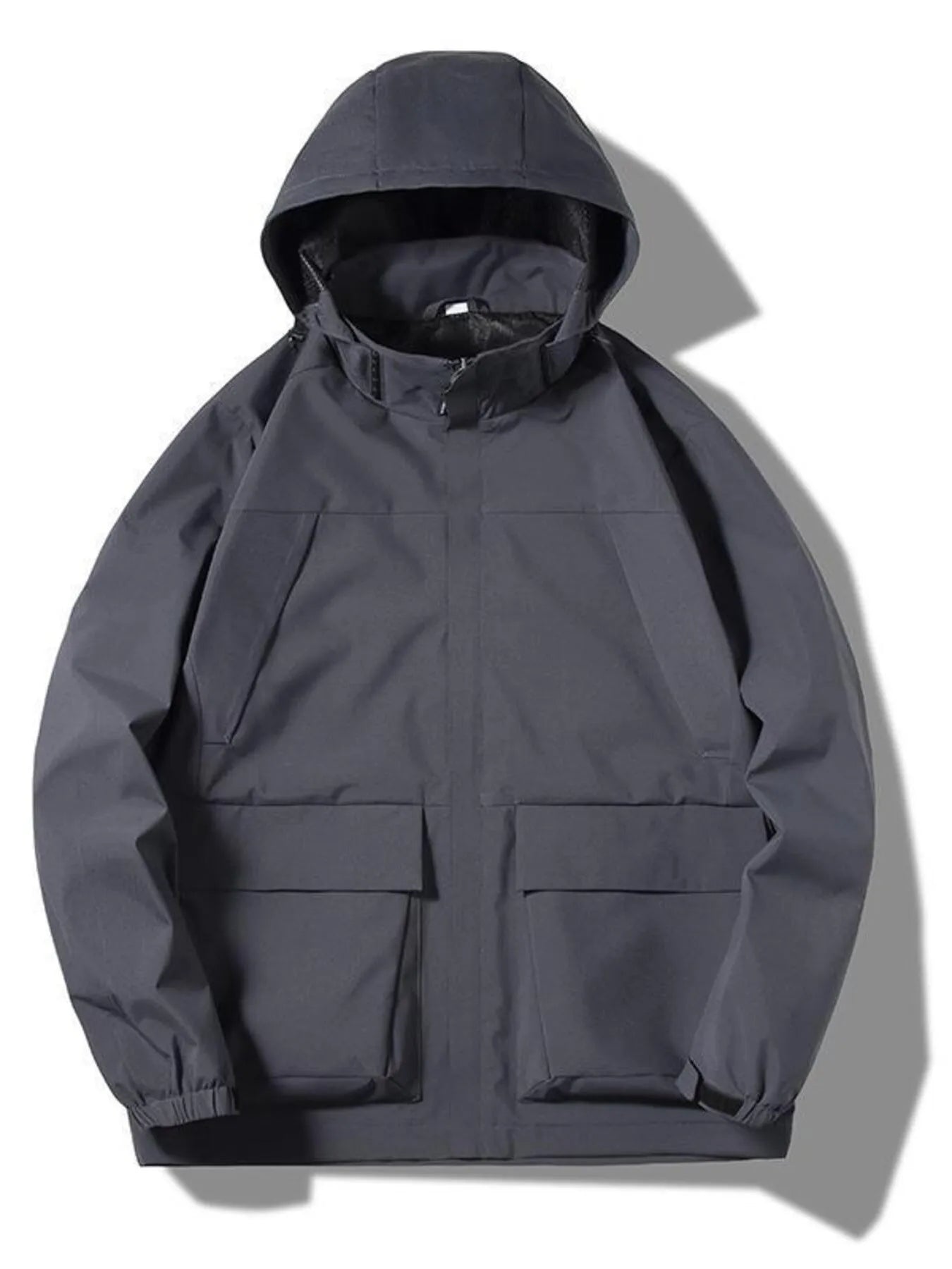 Dark gray hooded windbreaker jacket with four front pockets and elastic cuffs.