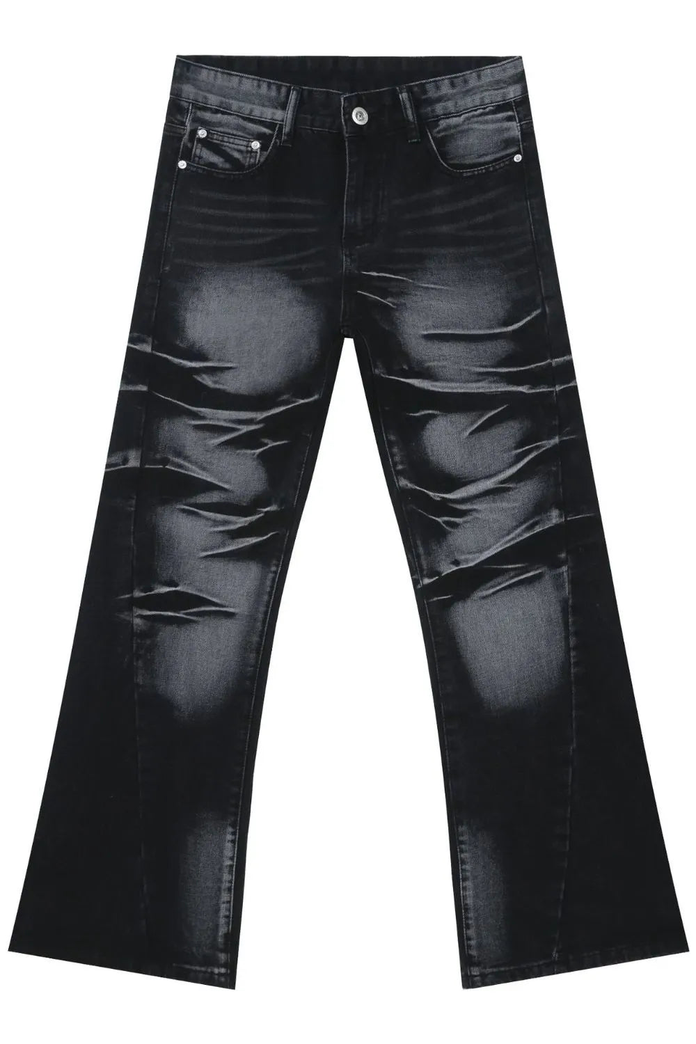 Distressed flare jeans in dark shadow wash denim with whiskering details.