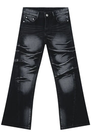 Distressed flare jeans in dark shadow wash denim with whiskering details.