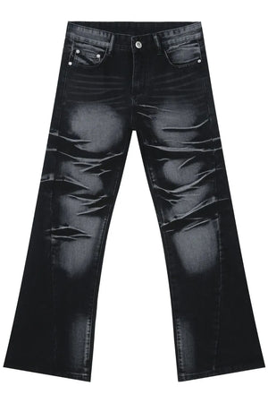 Distressed flare jeans in dark shadow wash denim with whiskering details.