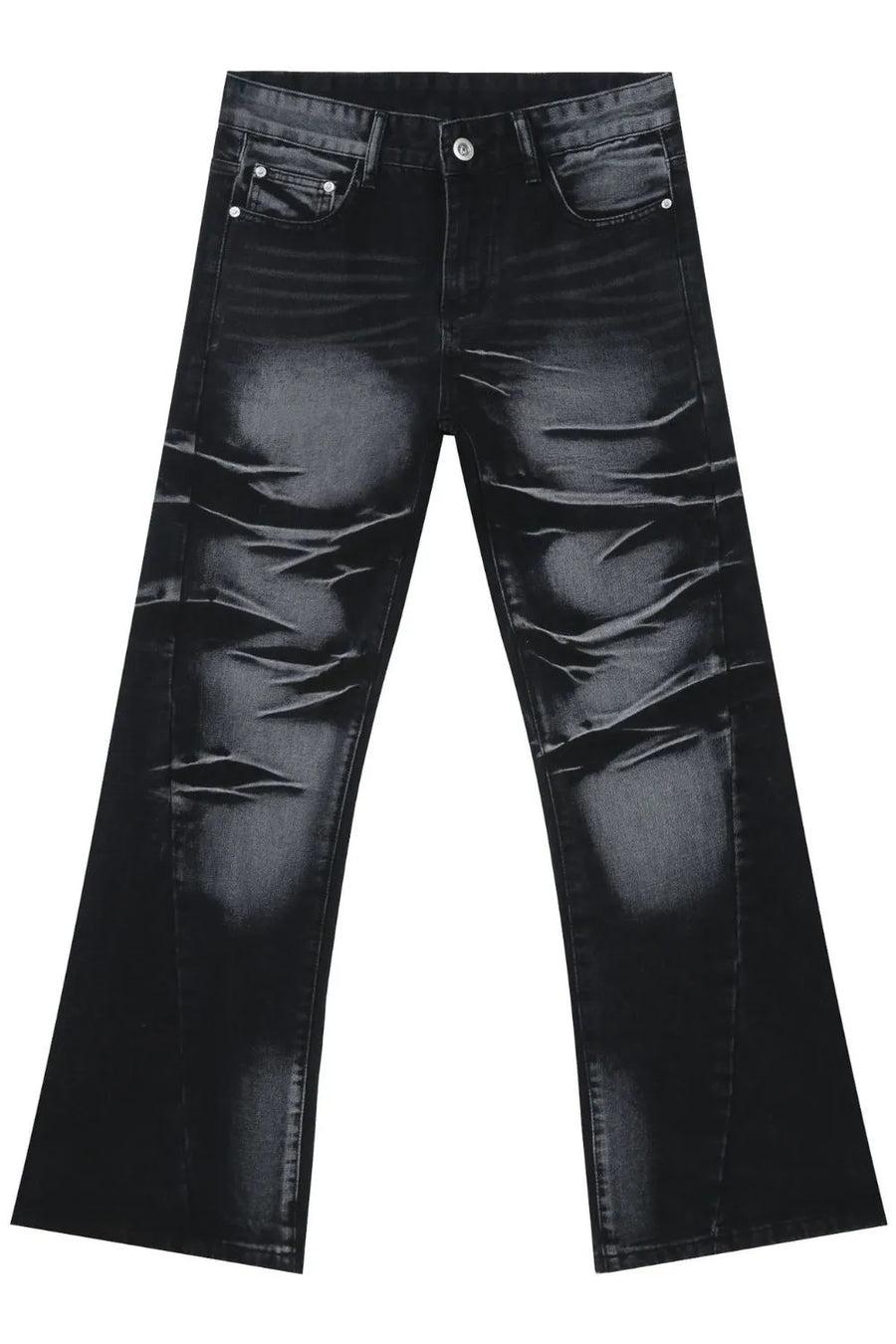 Distressed flare jeans in dark shadow wash denim with whiskering details.