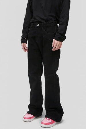 Dark panelled flare jeans with pocket detail and a casual cut.