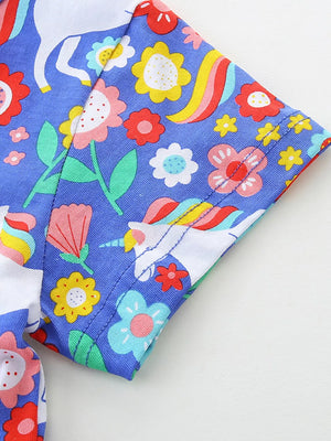 Blue t-shirt with unicorns and colorful flowers, short sleeves