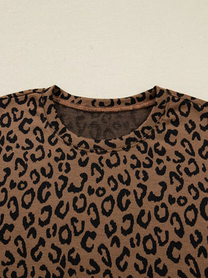 Brown leopard print long sleeve loungewear set with crew neck