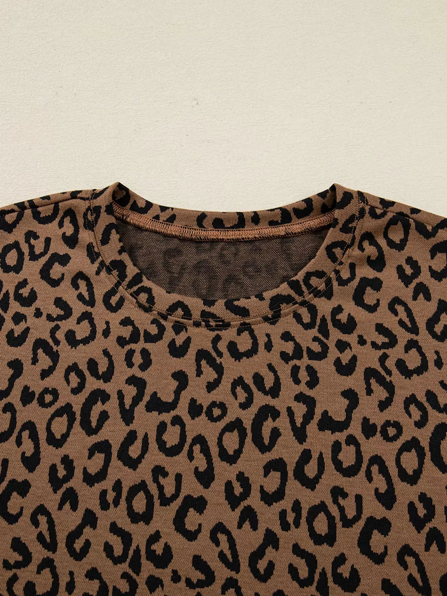 Brown leopard print long sleeve loungewear set with crew neck