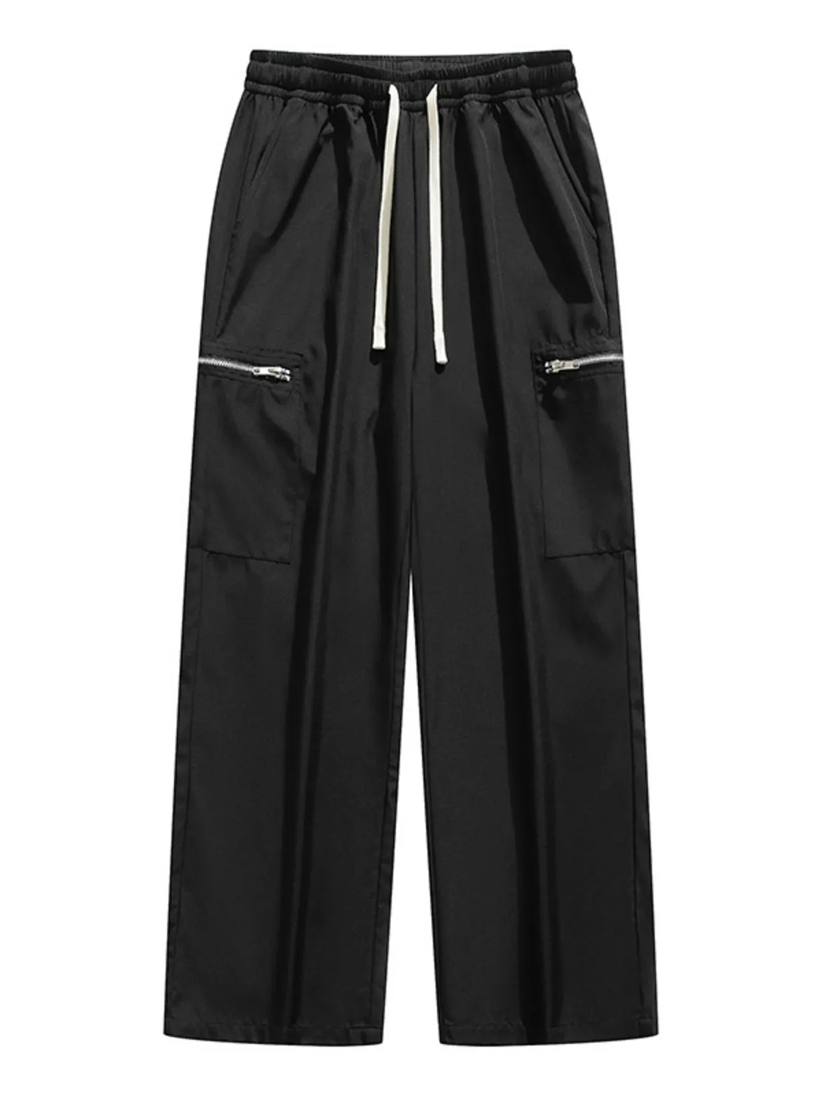 Black wide-leg cargo pants with drawstring and zippered pockets