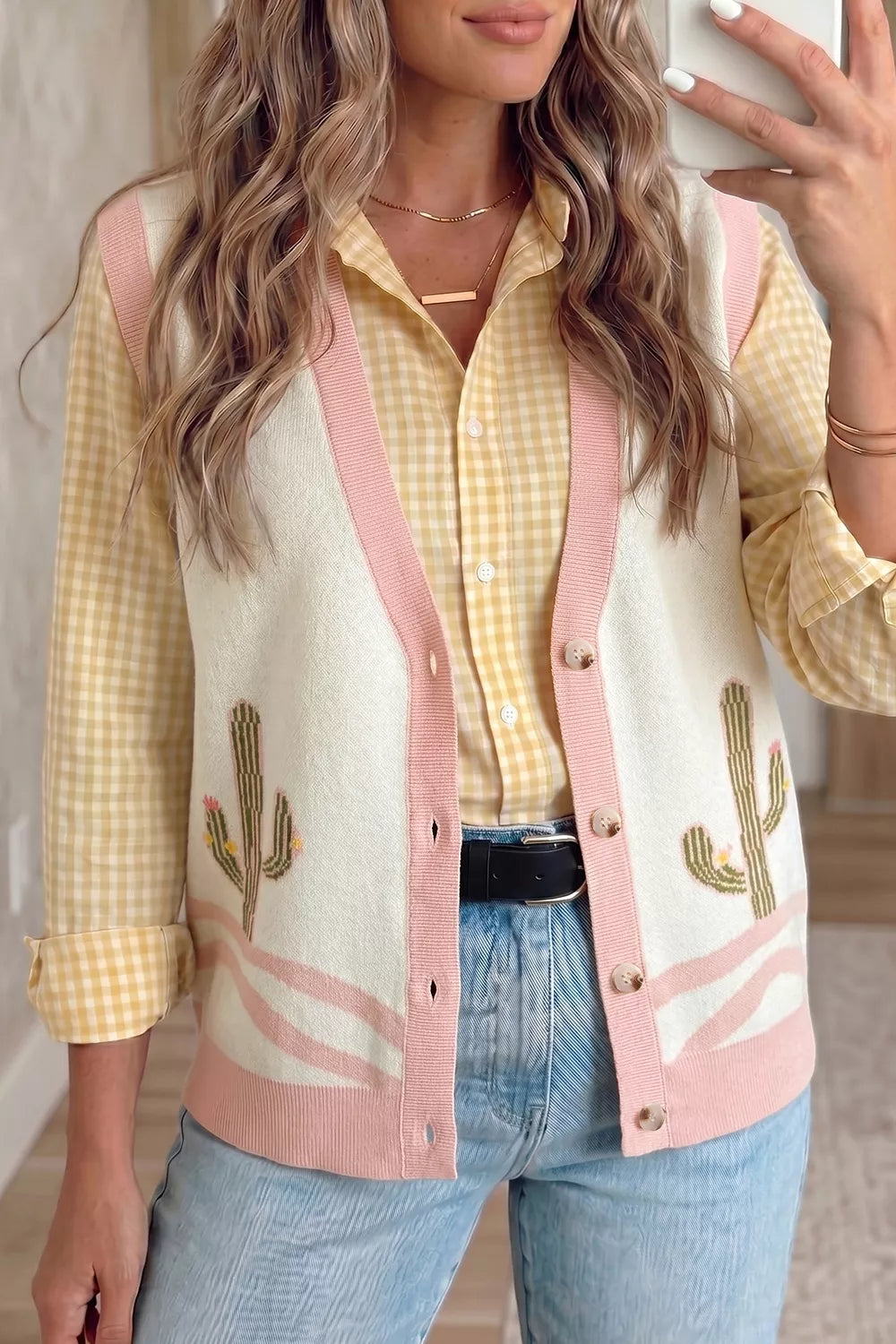 Color Block Cactus Pattern Western Sweater Vest