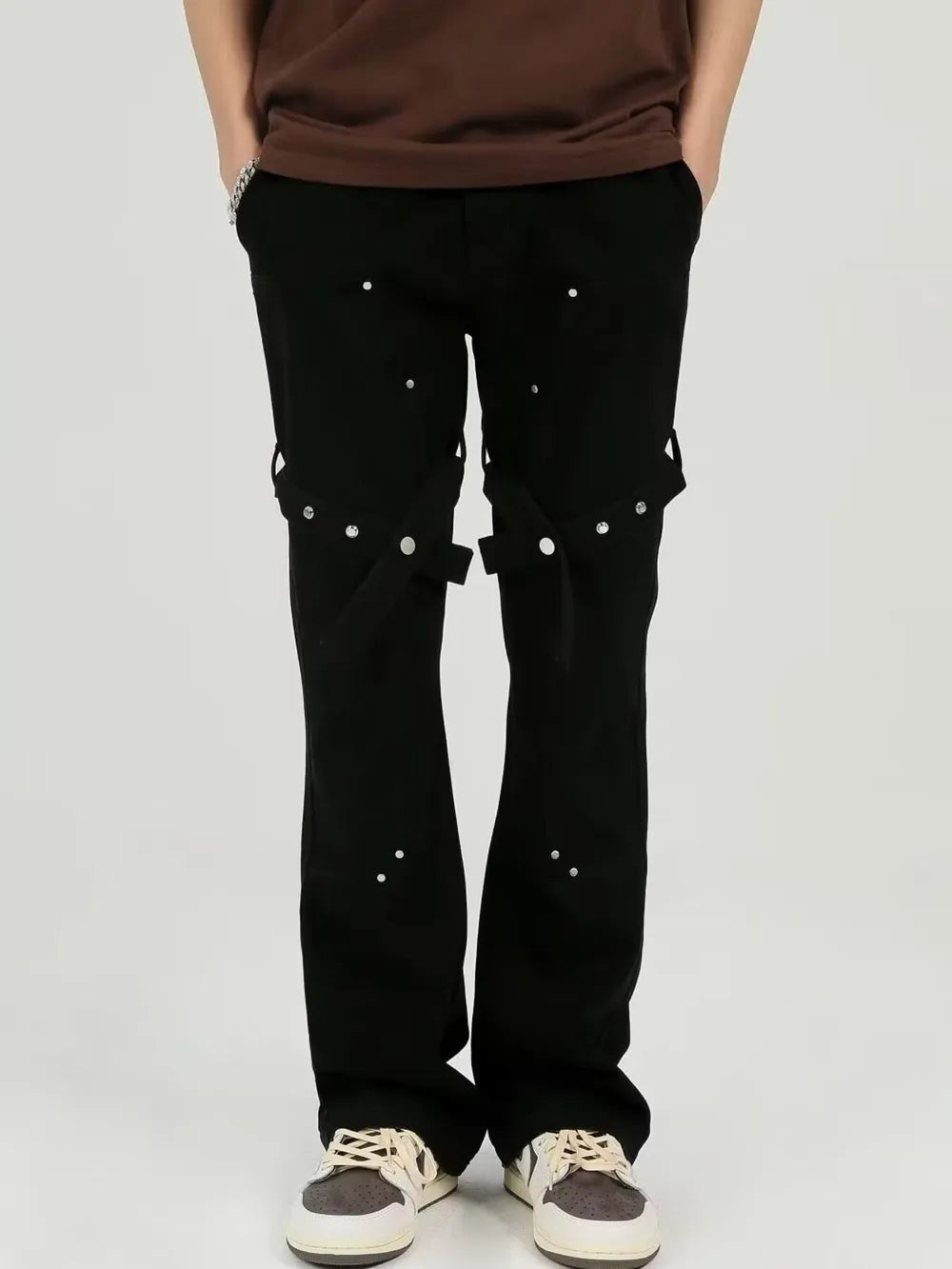 Black Men's Plus Size Stud Embellished Bootcut Pants